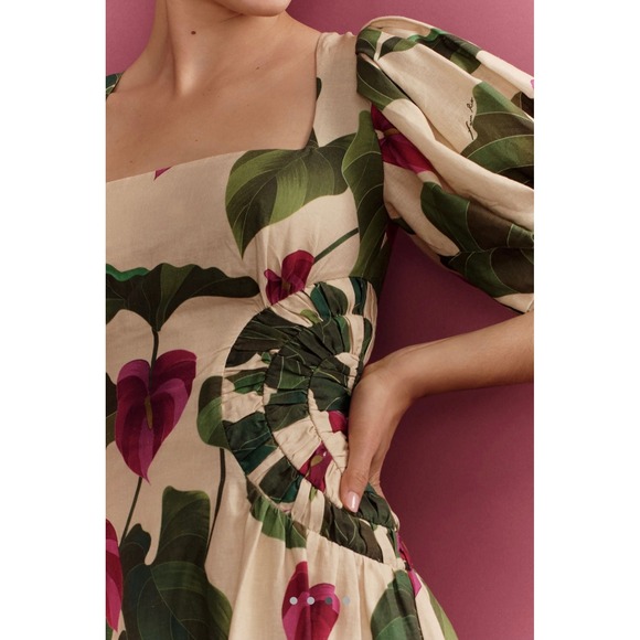 Farm Rio Anthurium Leaves Dress‎ Puff Sleeve Square Neck Linen Blend Size L - Picture 3 of 14
